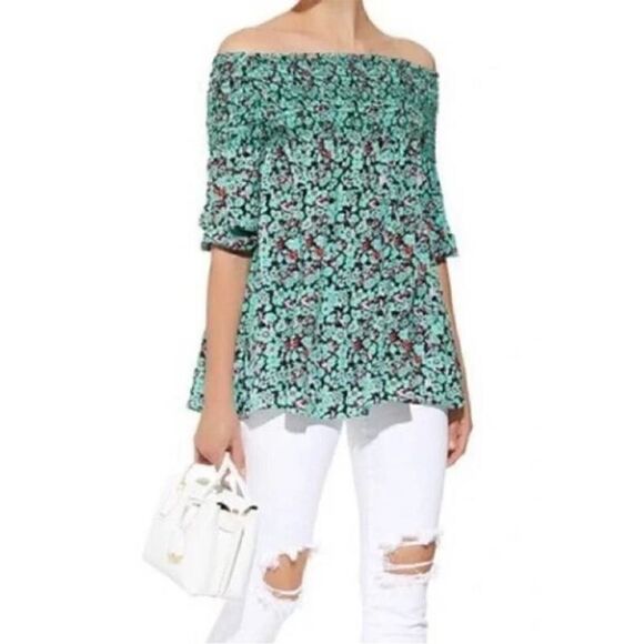 MAJE 'Lafine' Off-the-Shoulder Green Floral-Print Smocked Top Size 1/ US S - Picture 1 of 8
